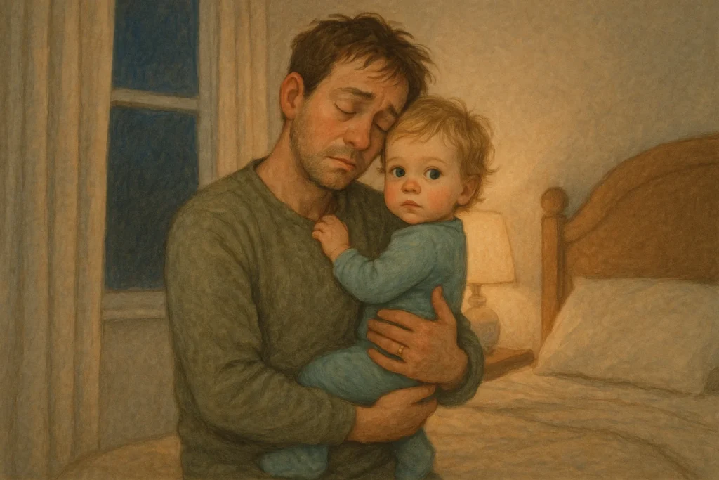 Parent comforting a wide-awake 2-year-old during the night, illustrating the emotional challenges of 2-Year-Old Sleep Regression.