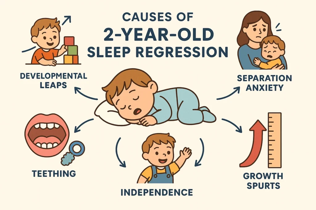 2-Year-Old Sleep Regression: Causes, Solutions, and Survival Tips for Parents Flowchart illustrating causes of 2-Year-Old Sleep Regression, including developmental milestones, separation anxiety, teething, independence, and growth spurts