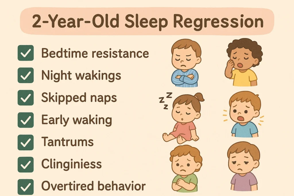 2-Year-Old Sleep Regression: Causes, Solutions, and Survival Tips for Parents Checklist graphic of symptoms during 2-Year-Old Sleep Regression: bedtime resistance, tantrums, clinginess, overtiredness, night wakings.