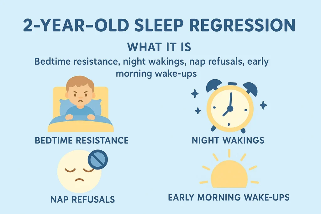 2-Year-Old Sleep Regression: Causes, Solutions, and Survival Tips for Parents Infographic showing key signs of 2-Year-Old Sleep Regression: bedtime resistance, frequent night wakings, shortened naps, and early morning wake-ups