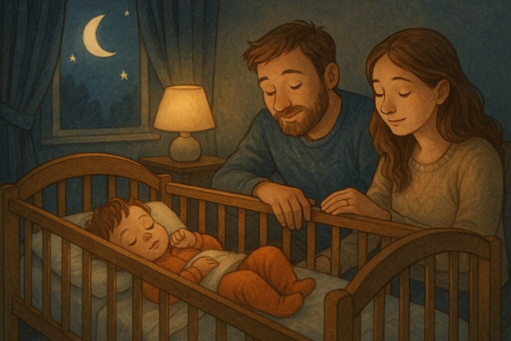 Toddler sleeping peacefully in a crib while parents provide gentle reassurance in a calm, moonlit bedroom.