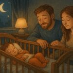 Toddler sleeping peacefully in a crib while parents provide gentle reassurance in a calm, moonlit bedroom.