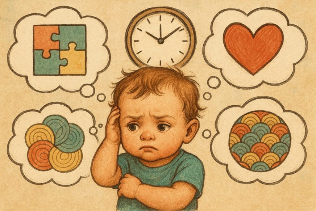 Leap 10 Sleep Regression: What It Is, Why It Happens, and How to Handle It A toddler surrounded by thought symbols representing the cognitive and emotional overload during Leap 10.