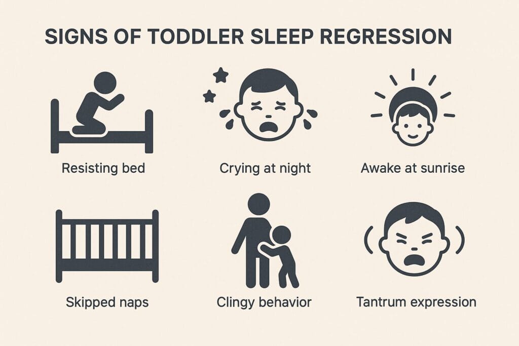 Leap 10 Sleep Regression: What It Is, Why It Happens, and How to Handle It Infographic showing common signs of Leap 10 sleep regression including bedtime resistance, night wakings, and emotional outbursts.