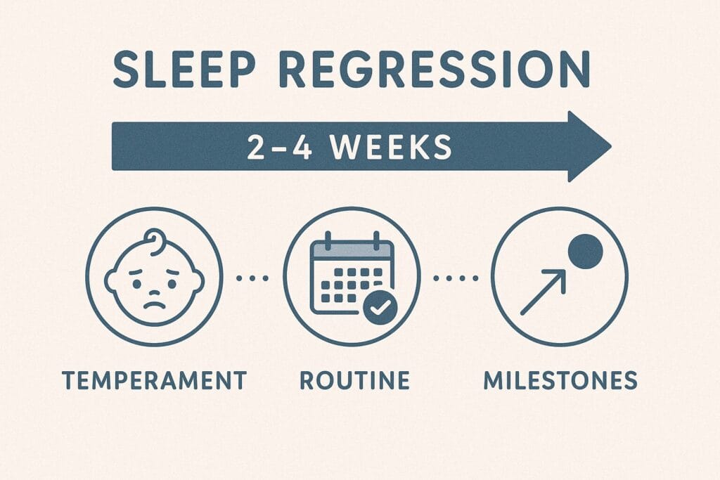 Leap 10 Sleep Regression: What It Is, Why It Happens, and How to Handle It Timeline infographic showing the 2–4 week typical duration of Leap 10 sleep regression with influencing factors.