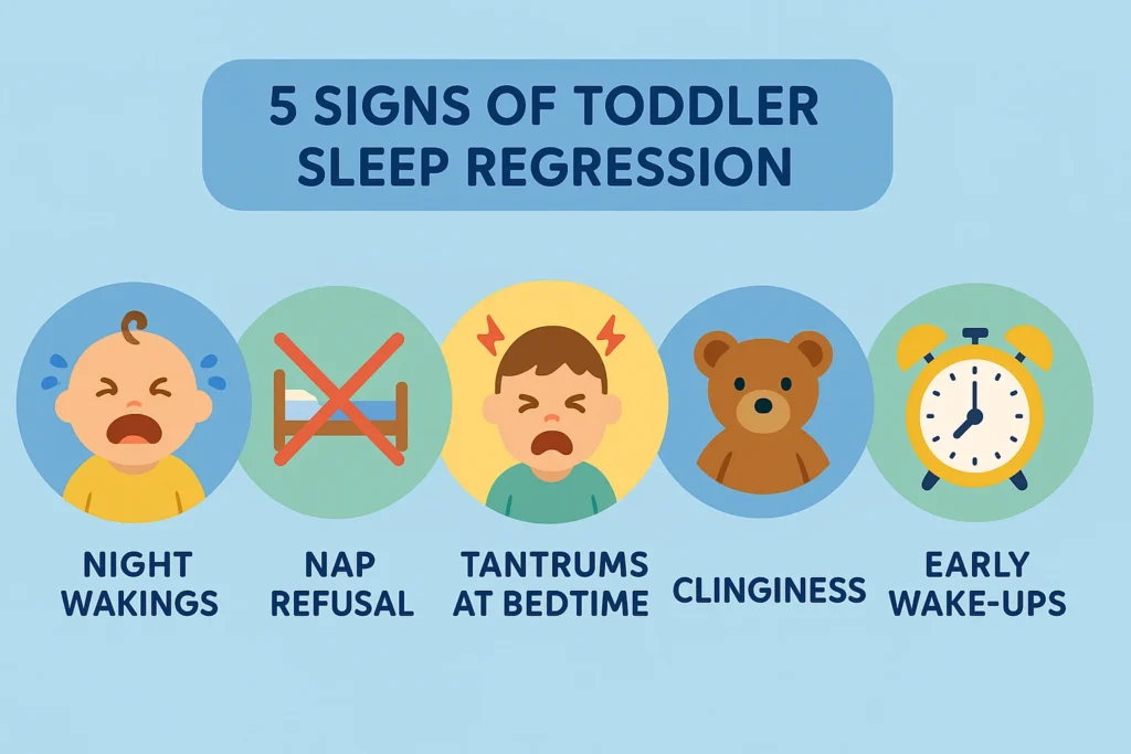 Infographic showing five signs of 18-month sleep regression in toddlers."