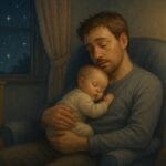 Parent comforting baby during a sleepless night in a calm nursery.