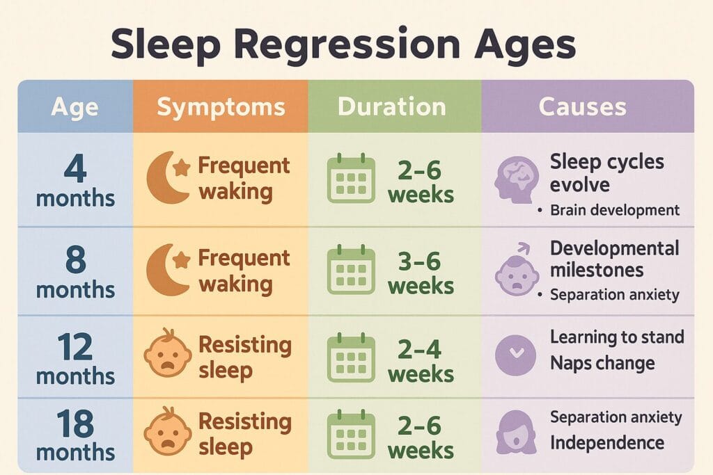 Chart summarizing each sleep regression age, symptoms, and causes.