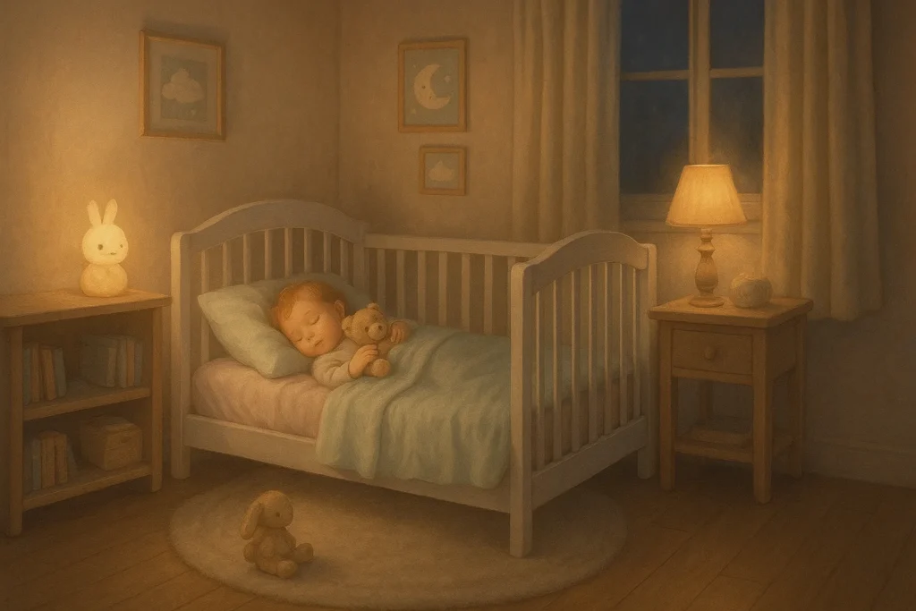 Peaceful toddler sleeping with a teddy bear under warm night lighting