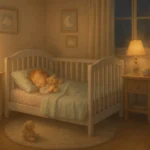 Peaceful toddler sleeping with a teddy bear under warm night lighting